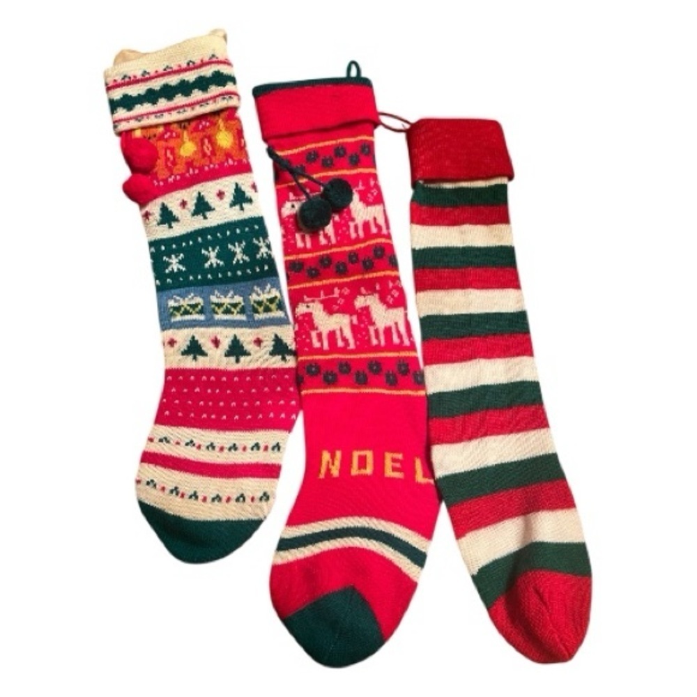 Vintage Kitschy Festive Knit Christmas Stockings Striped Fair Isle Set of 3